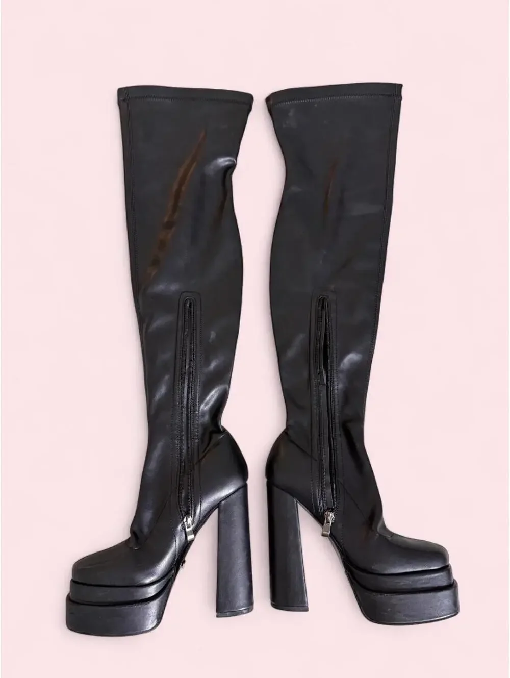 Black leather thigh high boots with platform and chunky heel